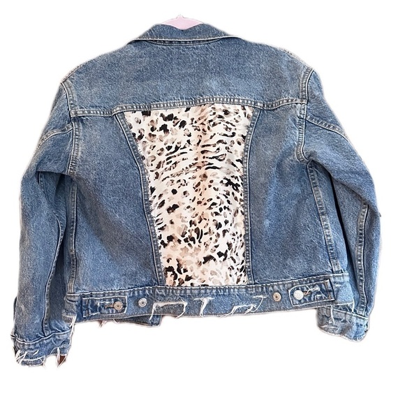 Up cycle denim jacket distressed petite old navy XS animal print leopard jean - Picture 1 of 11